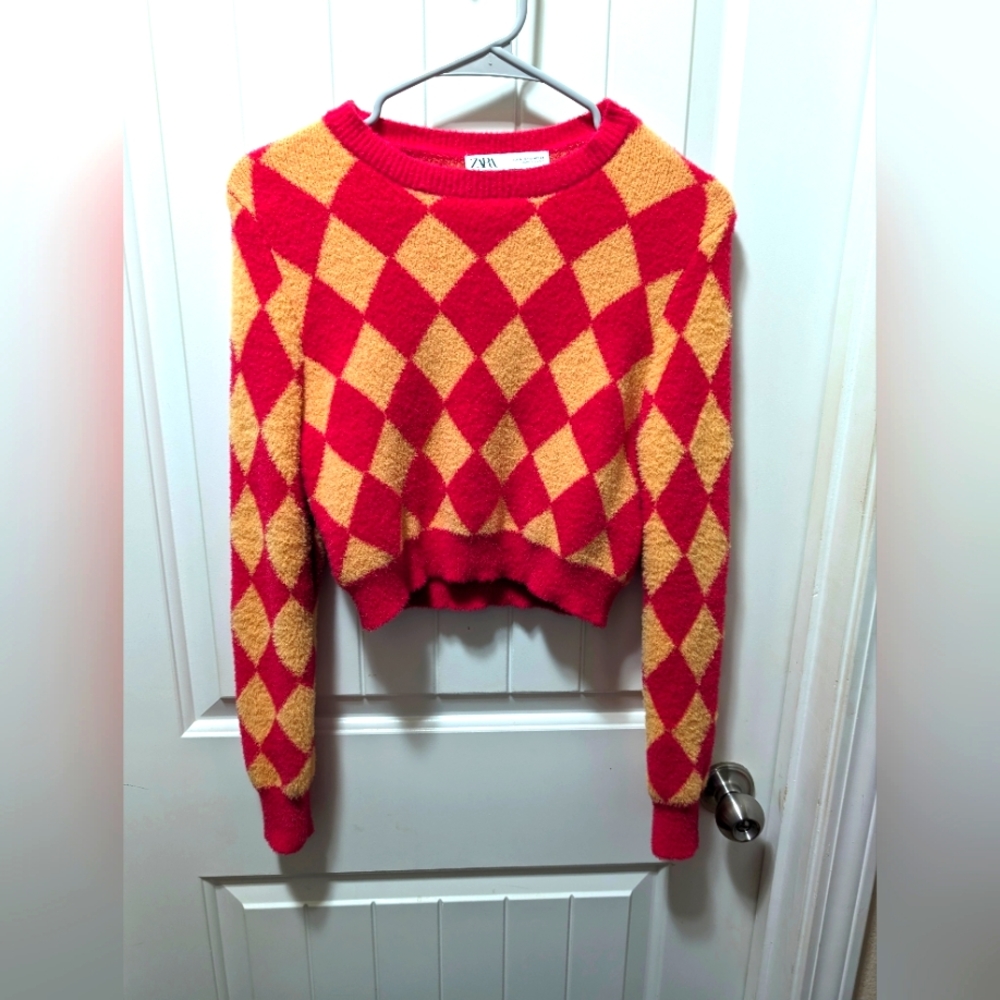 Zara Argyle Pink And Orange Sweater Size Med.  SUPER SOFT Worn Once